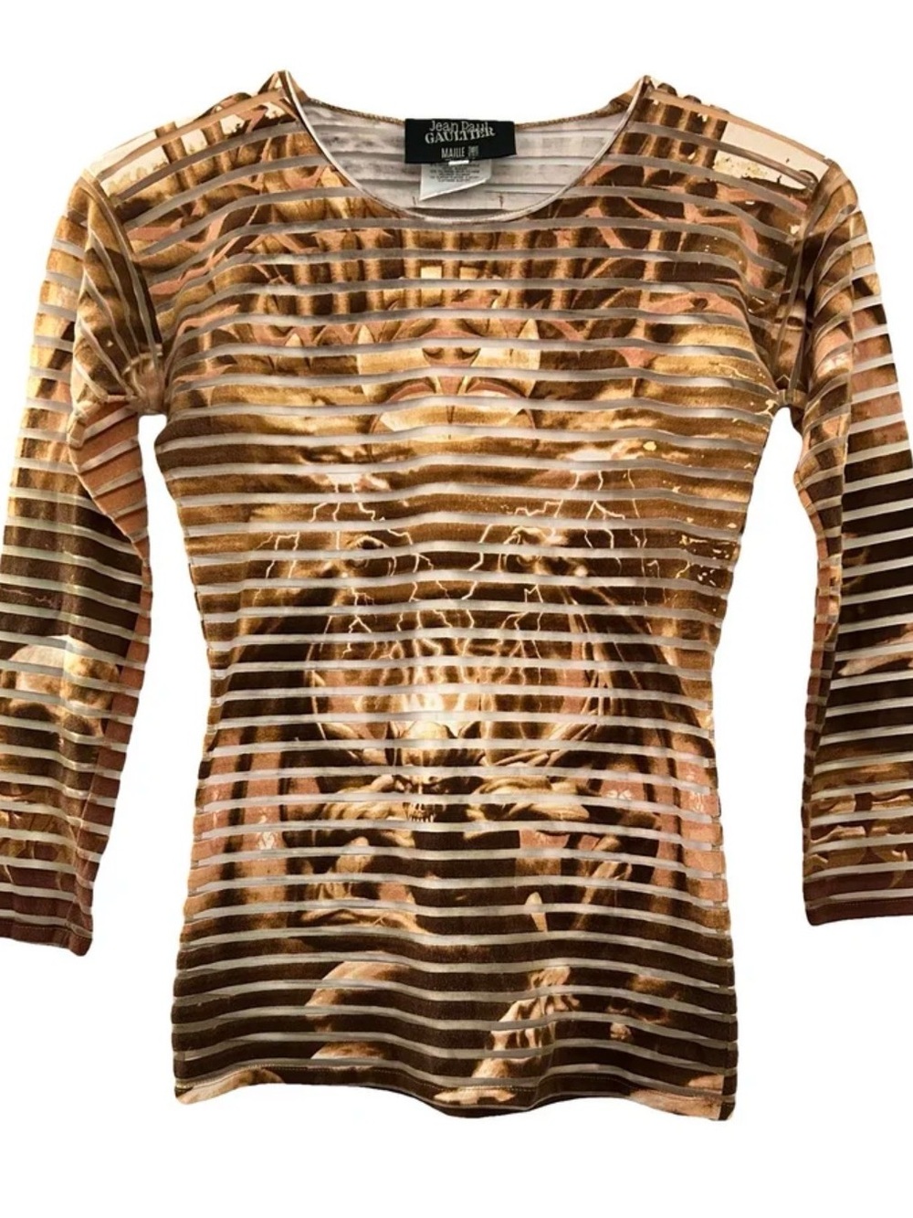 Jean Paul Gaultier Gold Striped Mesh Long Sleeve Top